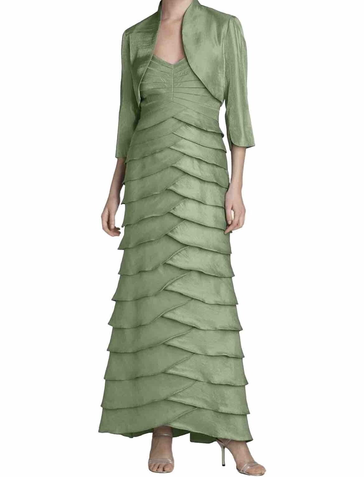 Adrianna Papell Gown Women Size 8 P Shutter Pleat Bolero Jacket Shimmer Green